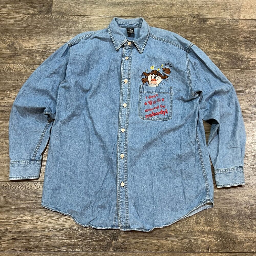 Vintage 90s Warner Bros Taz Denim Shirt Hong Kong Cartoon Embroidered Medium